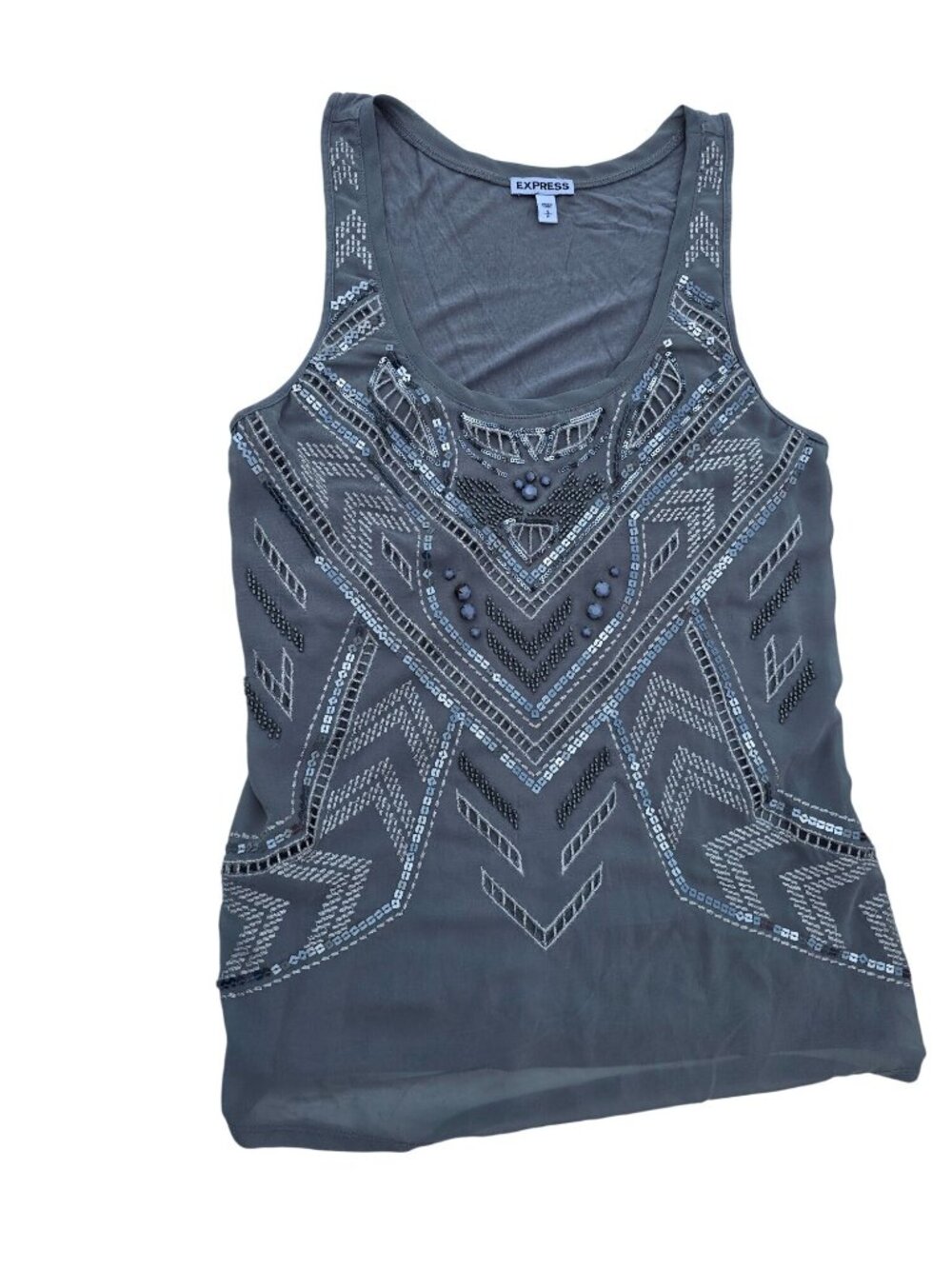 Express Women's Embellished Gray Tank Top Sequined Geometric Design Sleeveless S